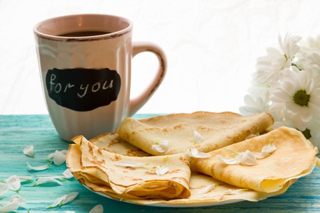 pancake day, Breakfast, top view, a bouquet of daisiesの写真素材