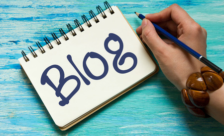 Blog word, learning and education concept on grey turquoise backgroundの写真素材