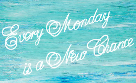 Every Monday is a New Chance inspirational quotes lettering for postcards, business ideas, announcements, write a note with beautiful handwriting of a female hand notebook. wooden backgroundの写真素材