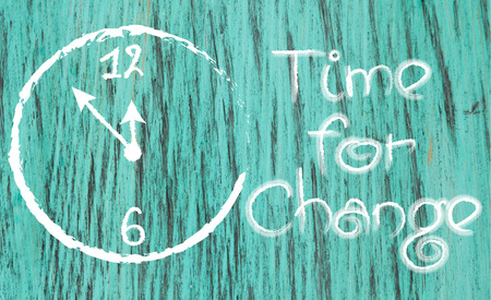 time for change white-painted clock inspirational quotes lettering for postcards, business ideas, announcements,  note with beautiful handwriting of a female hand notebook. wooden backgroundの写真素材