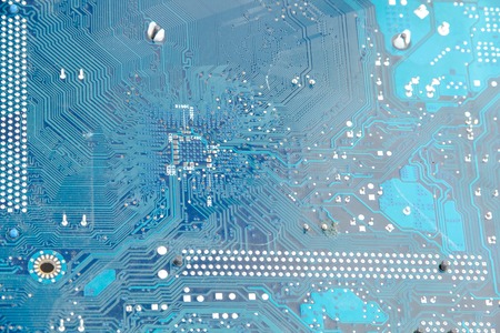 Back panel connectors computer motherboard top view blue circuit board background of computer motherboardの写真素材