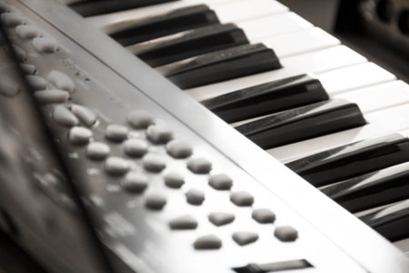 Piano Keys, part of digital midi keyboard, close up. roll. Synth for learning to play Musical...
