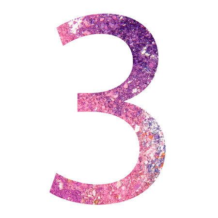 Number 3 eyeshadow scattered chalk powder. crumbled pastels. Perfect using discounts, sale, workflow layout, diagram, options business step banners, web design. Isolated on white background.の写真素材