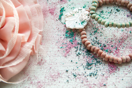 Composition of woman's accessory wooden table backgroundの写真素材