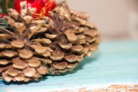 Christmas wreath Greeting Card. Vintage Style. Hanging decoration turquoise shabby table wooden backgroundの写真素材