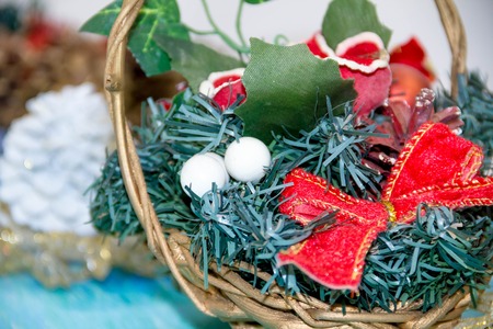 Christmas decorations for the home. Vintage Style. concept of preparing for the holidays, turquoise shabby wooden table background. Top view, flat lay with copyspace slogan text message.の写真素材