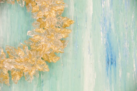 Christmas decorations for the home. Vintage Style. concept of preparing for the holidays, turquoise shabby wooden table background. Top view, flat lay with copyspace slogan text message.の写真素材