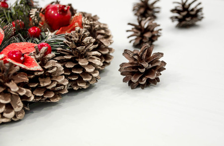 Christmas decorations Vintage Style. the concept of preparing for the holidays, turquoise shabby wooden table background. place for text, Top view, flat lay with copy space for slogan or text message.の写真素材