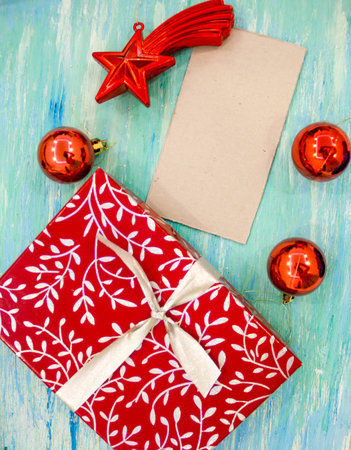 Christmas Card red gift box with silver ribbon. party invitation corporate event decoration...
