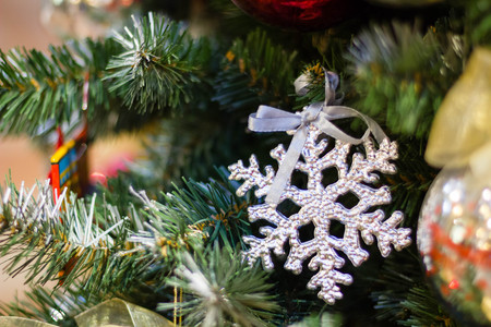 preparation of the new year vintage Christmas decorations on the Christmas treeの写真素材