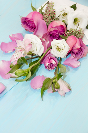 Overhead view Beautiful pink rose and petals on cement floor, Valentine's day conceptの写真素材