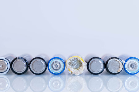 old battery was leaking, hazardous waste. abstract background of colorful batteries. . Alkaline battery aa size. Group of used disposable drain batteries of various size ready for recycling.の写真素材