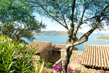 beautiful views of the sea and mountains from the observation deck, the concept of tourism, landscapes of the island of Sardinia, Italyの写真素材