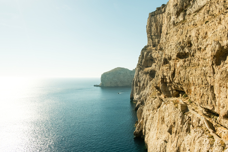 The stairway leading to the Neptunes Grotto, in Capo Caccia cliffs, near Alghero, in Sardinia, Italyの写真素材