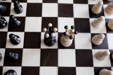 Black and white king of chess set up on dark background .