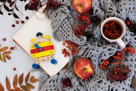 Autumn, fall leaves, hot steaming cup of coffee and a warm scarf, watch the concept of the changing of the season, apples, grey knitted plaid on wooden table background. still life concept.の写真素材