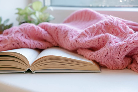 Cozy winter still life: opened book. Warm and comfy autumn or winter concept. sweater. Reading relaxing cold fall weather at home. Winter holidays, Christmas time concept, free copy spaceの写真素材