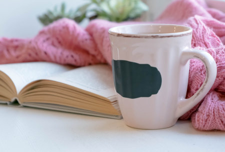 Mug of black coffee wrapped in warm scarf on wooden board. Top view, vintage style, Still life.の写真素材