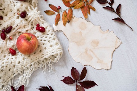 Fresh Pastry Bun, Cup of hot coffee and autumn leaves on wooden background. Wooden letters word AUTUMN. Top view, copy space.の写真素材