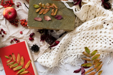 Old book,smart phone , autumn leaves on wooden background. Concept autumn. Top viewの写真素材