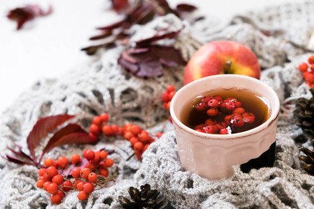 Cozy winter still life: cup of hot coffee and opened book. Cup of tea with open book bunch of red rowan. Back to school. Autumn, fall leaves, Flat lay, top view. sunday relax and still life concept.の写真素材