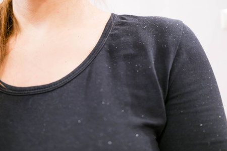 women having dandruff in the hair and shoulder. Women have itchy scalp fungus. Dander that causes...
