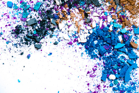 Eyeshadow Cosmetic Powder Scattered Copy Space. various set isolated on white background. The concept fashion and beauty industry. Abstract, place for text, the texture mineral makeupの写真素材