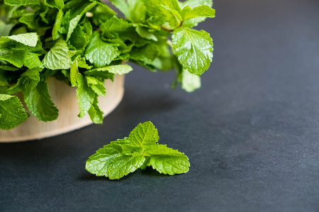 mint leaf. Green fresh mint, selective focus. Bunch of Fresh green organic mint leaf closeup. Peppermint. Natural light. Selective focus. Close up on a black background. Top view, flat lay. copy spaceの写真素材