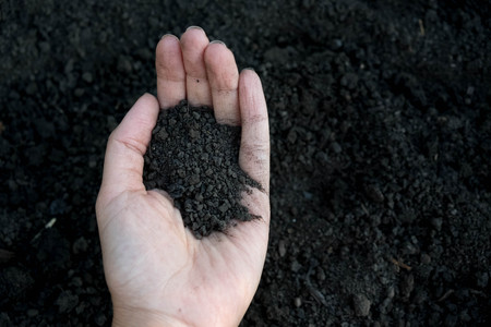 Female hand holding a handful of rich fertile soil that has been newly dug over or tilled in a concept of conservation of nature and agriculture. Blurred motion the soil falling to the ground.の写真素材