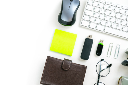 Flat lay, top view office table desk frame. feminine desk workspace with laptop, diary, succulent, glasses, watch on white background.の写真素材