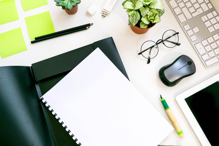 business documents on office table and digital tablet as work space business with social network diagram concept. trendy office desk top view space for textの写真素材