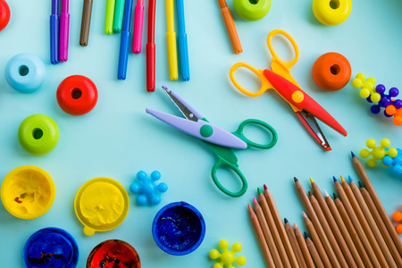 Office and student accessories on a pink. Back to school concept. School, education and learning concept. creativity for kids. Top view colorful background. Flat layの写真素材