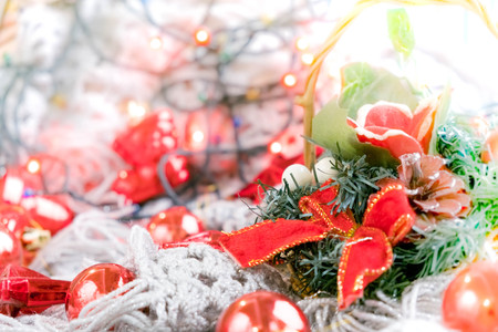Christmas Lantern with decorations on blue wooden background. Studio shotの写真素材