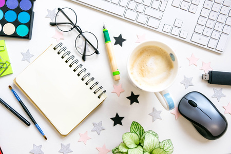 workspace with coffee mock-up.Table view items, white background woman desk. Flat lay. Still life. Woman background. Notebook. computer, modern life style, concept successful woman. home workshopの写真素材