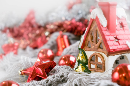 Christmas Lantern with decorations on blue wooden background. Studio shotの写真素材