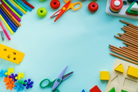 Office and student accessories on a pink. Back to school concept. School, education and learning concept. creativity for kids. Top view colorful background. Flat layの写真素材