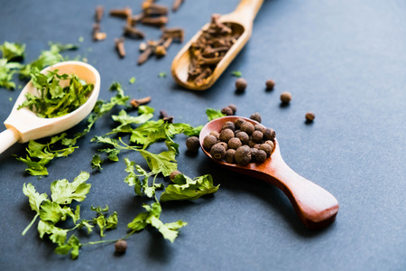 black pepper in spoon, parsley herb. Top view with copy spaceの写真素材