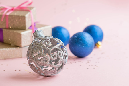 Creative minimal Christmas concept. winter vacation layout with gift boxes table space in middle design. Flat lay. Top view. New Year holiday backgroundの写真素材
