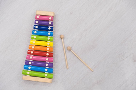 Rainbow colored toy xylophoneの写真素材