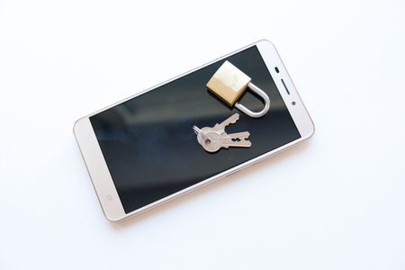 Telephone with lock, concept of protection of personal information. mobile phone security. chained...