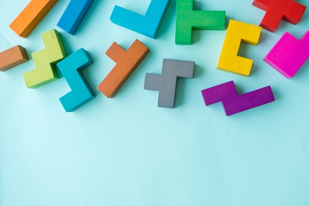 Abstract construction from wooden blocks with copy space. The concept of logical thinking, geometric shapes.の写真素材