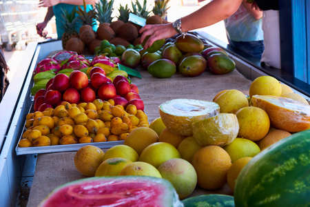 italian street od Corniglia. fresh organic vegetables in wooden boxの写真素材