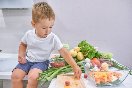 Young boy eating healthy meal seated at a tableの写真素材