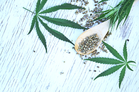 hemp leaves on wooden background, seeds, cannabis oil extracts in jarsの写真素材