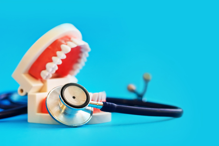 White teeth model and stakescope on blue background. teeth care. concept of preventive examination of the oral cavity.の写真素材
