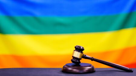 A gavel and a law book - Rainbow flag.の写真素材