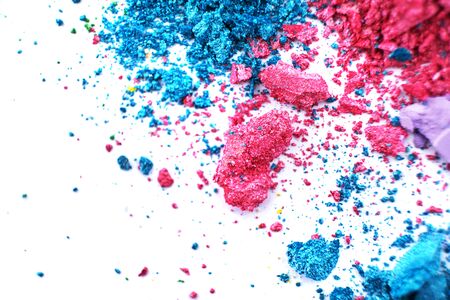 Macro texture Broken eye shadow multi-colored powder, isolated on white backgroundの写真素材