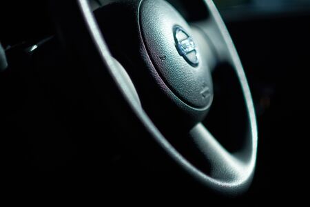 MOSCOW, RUSSIA - SEPTEMBER 01, 2019: Steering wheel of Nissan logo. editorialのeditorial素材