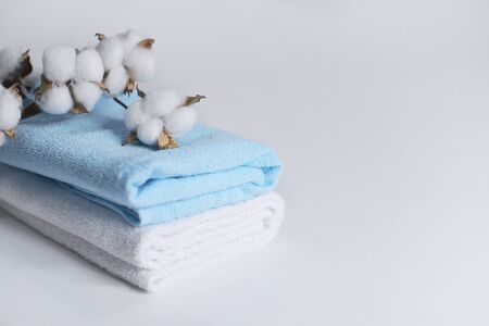 blue and white cotton towel with cotton branch- spa concept on white backgroundの写真素材