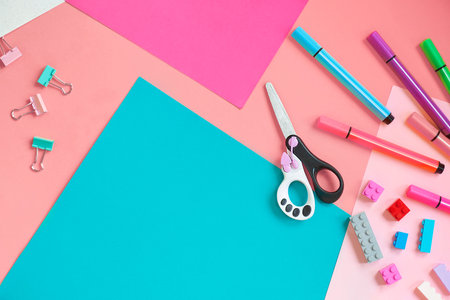 School supplies, stationery on yellow background - space for caption. Child ready to draw with...